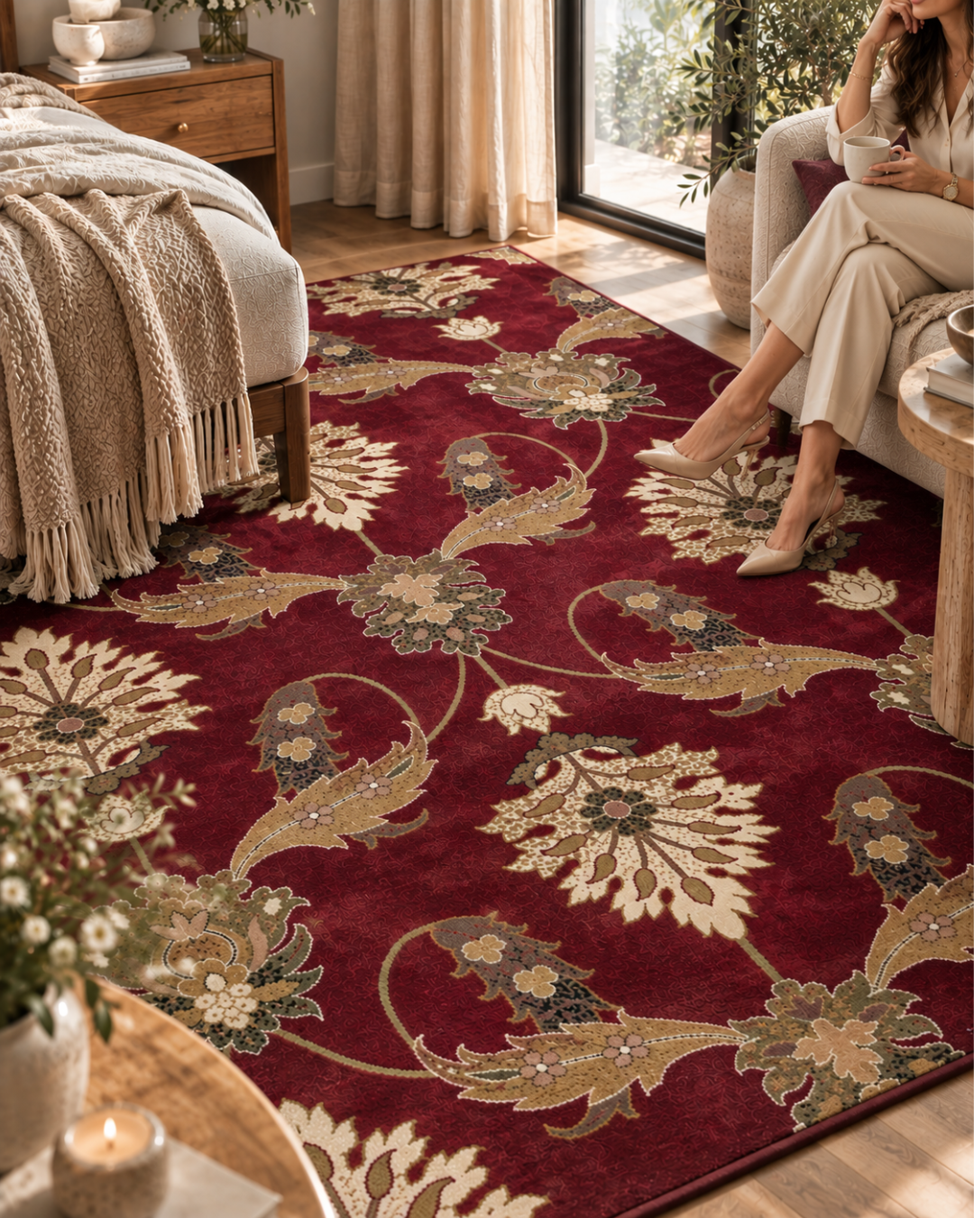 KAS Rugs Cambridge 7364 Red Style Shot — Red floral rug close-up in a cozy bedroom seating area.