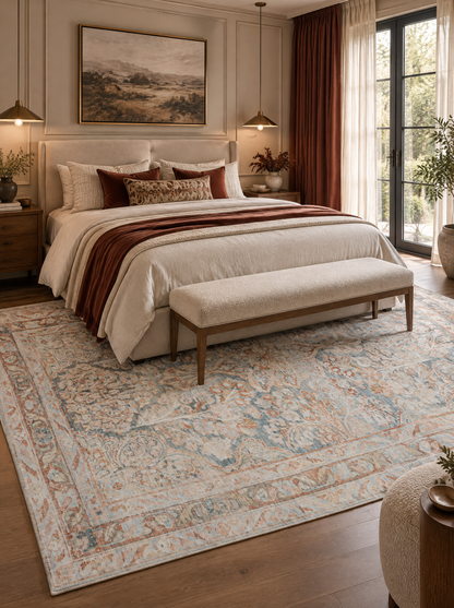 Magnolia Home by Joanna Gaines x Loloi Lenna LEA-02 Ocean Apricot Bedroom — Distressed blue and apricot floral rug in a warm neutral bedroom.