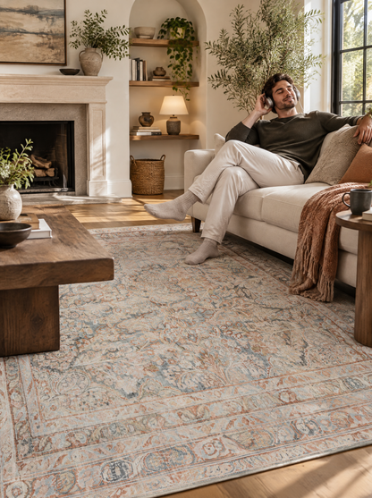 Magnolia Home by Joanna Gaines x Loloi Lenna LEA-02 Ocean Apricot Style Shot — Muted blue and apricot floral rug beside a cream living room sofa.
