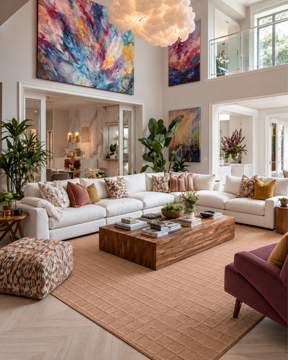 Momeni Rugs Contour CON-1 Green Living Room Shot — Green textured geometric area rug in a colorful contemporary living room.