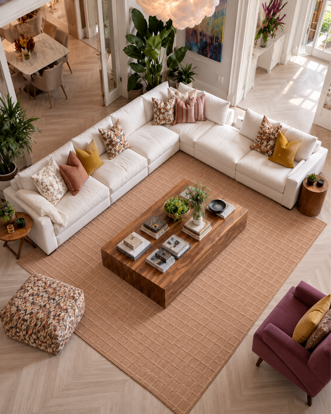 Momeni Rugs Contour CON-1 Green Living Room Overhead Shot — Textured green geometric area rug in a bright modern living room.