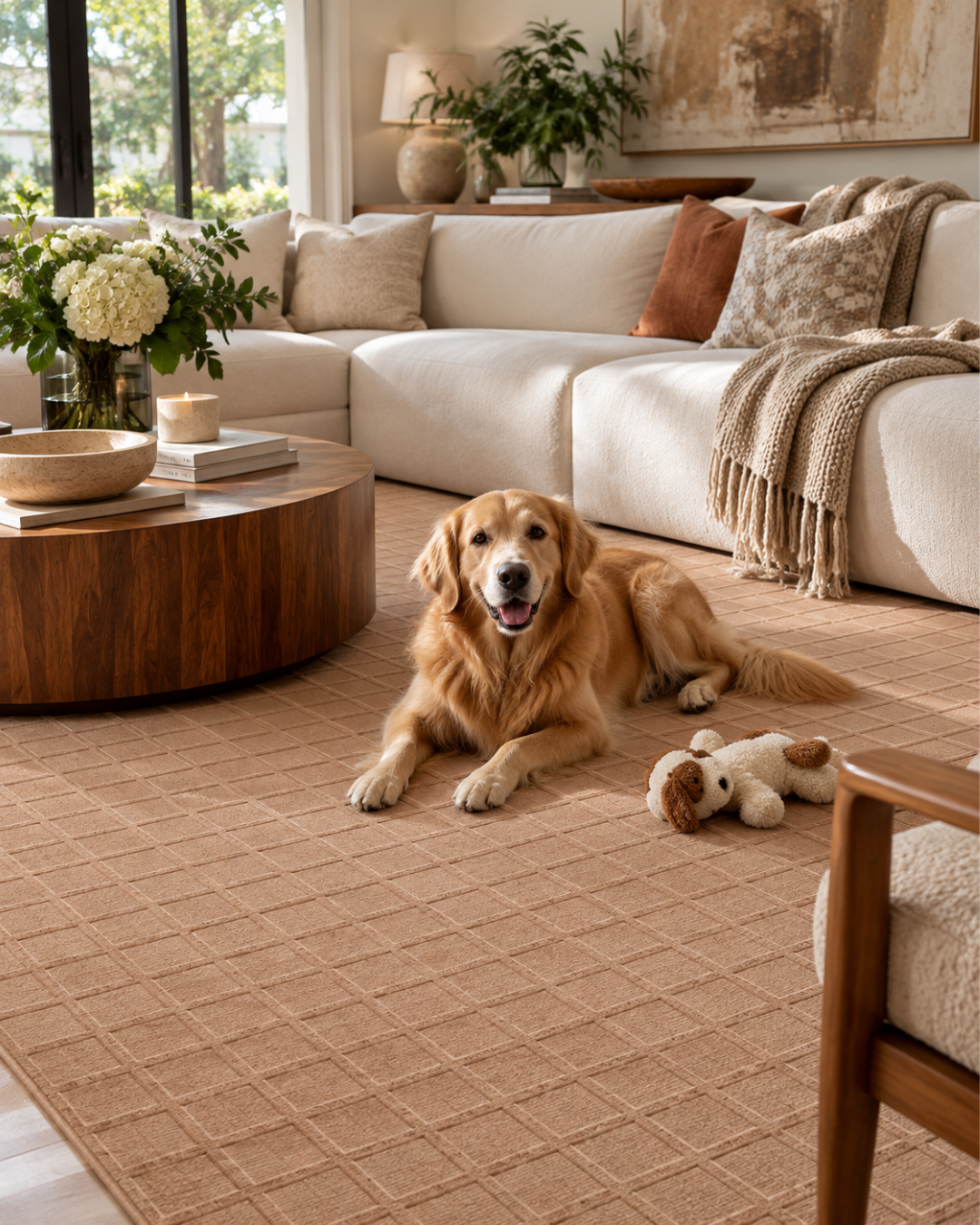 Momeni Rugs Contour CON-1 Green Style Shot — Green geometric textured area rug with a white cat in a modern living room.