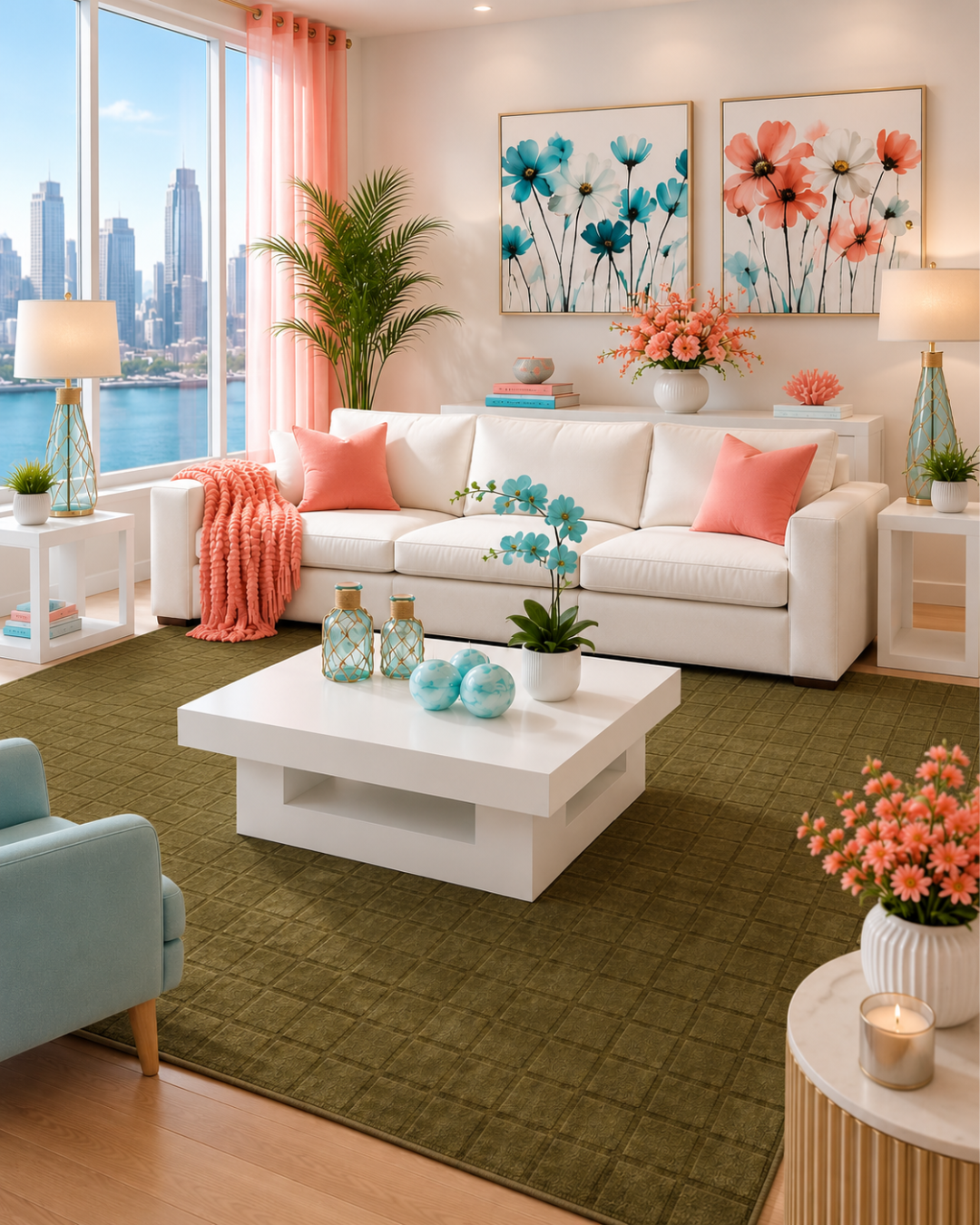 Momeni Rugs Contour CON-1 Green Living Room Shot — Green textured geometric area rug in a colorful contemporary living room.