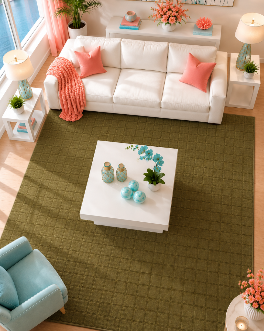 Momeni Rugs Contour CON-1 Green Living Room Overhead Shot — Textured green geometric area rug in a bright modern living room.