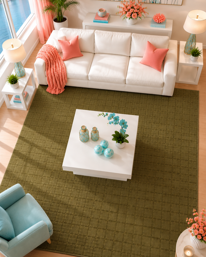 Momeni Rugs Contour CON-1 Green Living Room Overhead Shot — Textured green geometric area rug in a bright modern living room.