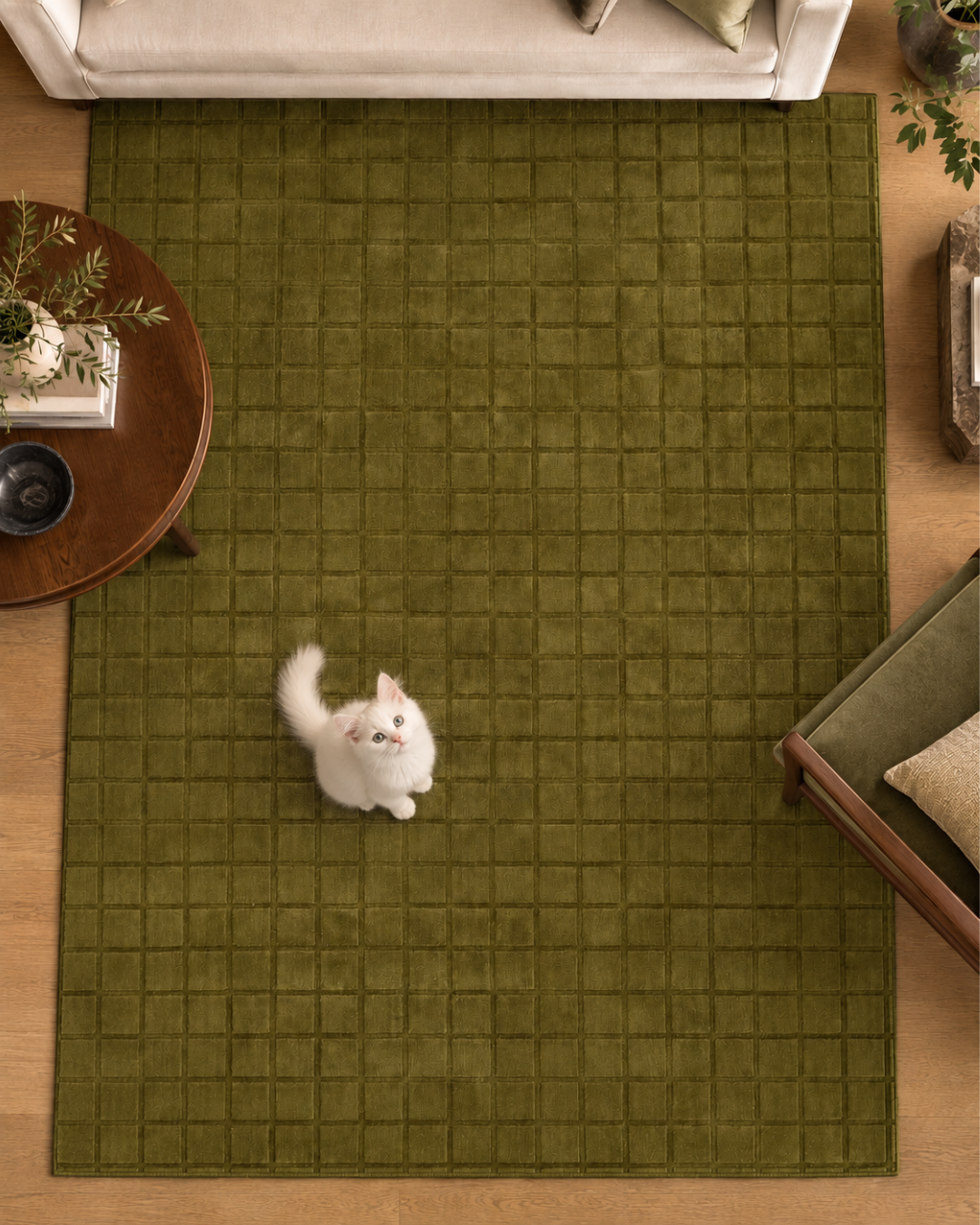 Momeni Rugs Contour CON-1 Green Style Shot — Green geometric textured area rug with a white cat in a modern living room.