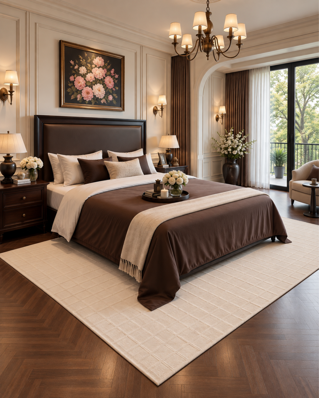 Momeni Rugs Contour CON-1 Ivory Bedroom Shot — Ivory textured geometric area rug in a luxurious traditional bedroom
