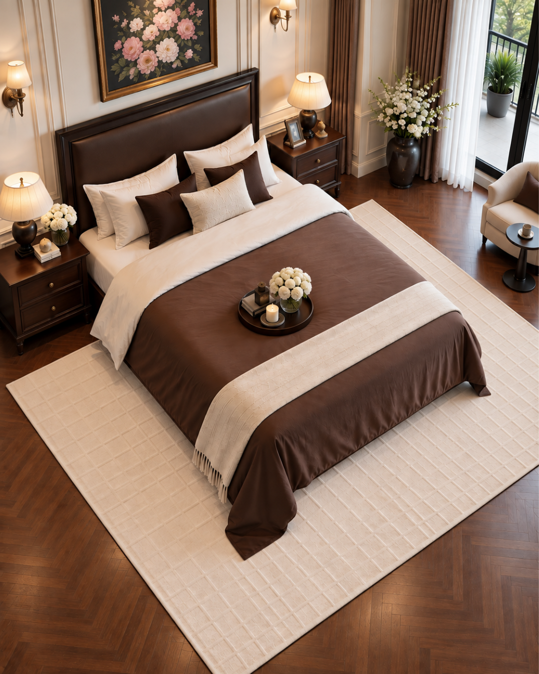 Momeni Rugs Contour CON-1 Ivory Bedroom Overhead Shot — Ivory textured geometric area rug beneath a bed in an elegant bedroom.