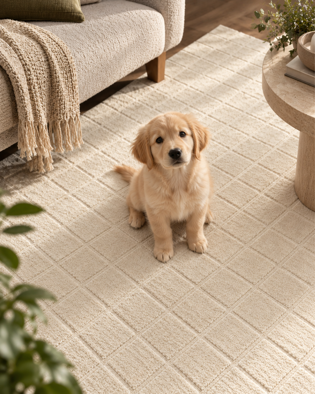 Momeni Rugs Contour CON-1 Ivory Bedroom Style Shot — Ivory geometric textured area rug with a puppy in a cozy interior.