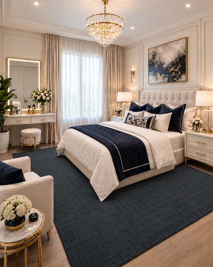 Momeni Contour CON-1 Navy Bedroom — Navy geometric area rug in an elegant modern bedroom.