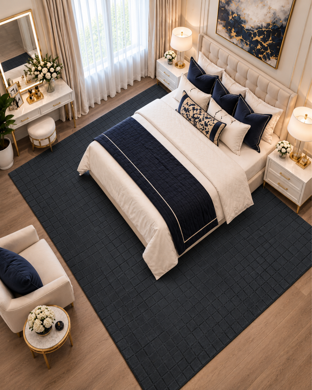 Momeni Contour CON-1 Navy Bedroom Overhead Shot — Navy geometric textured area rug under a luxury bedroom setting.