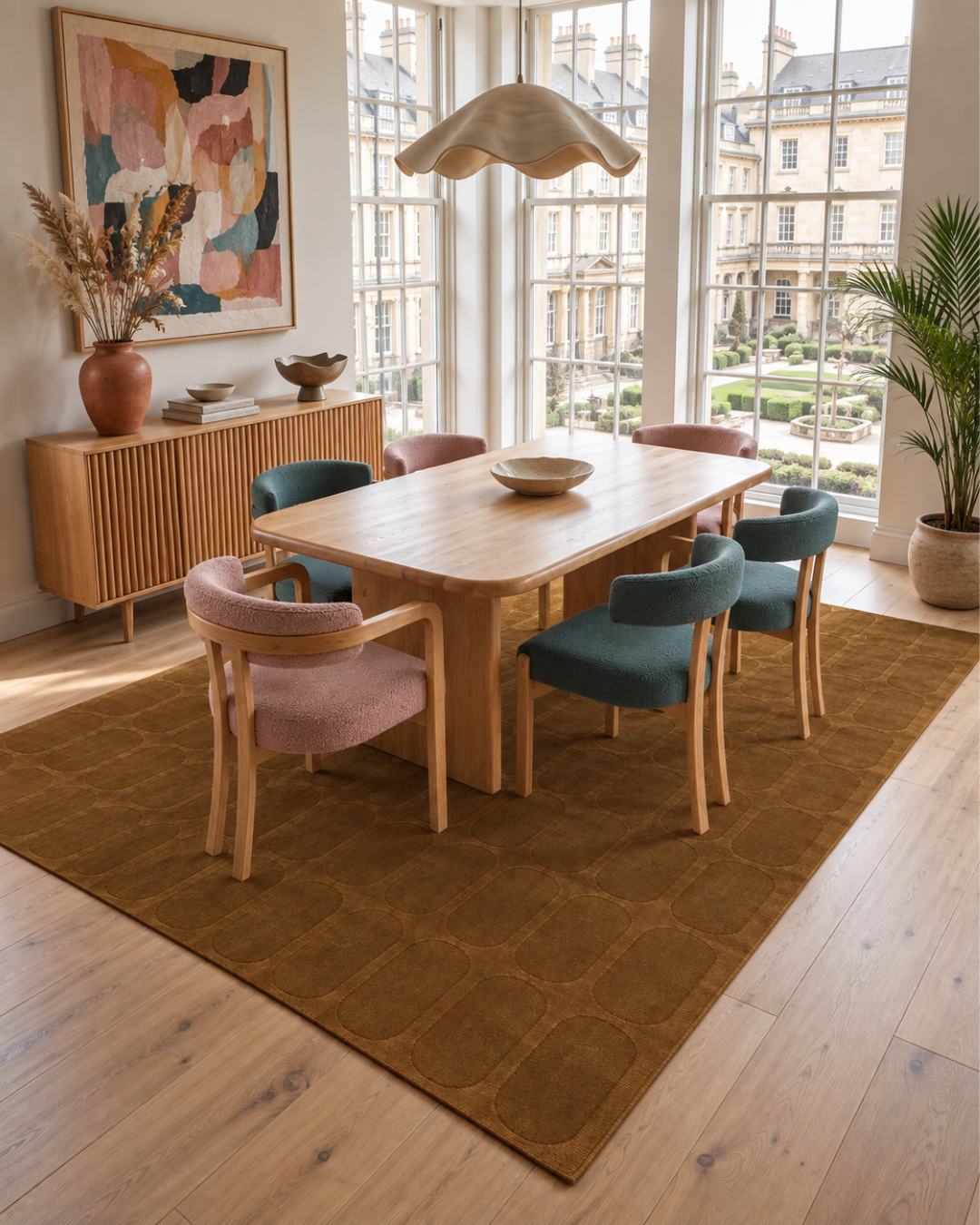 Momeni Rugs Contour CON-2 Mustard Dining Room Shot — Mustard textured geometric area rug in a bright modern dining room.