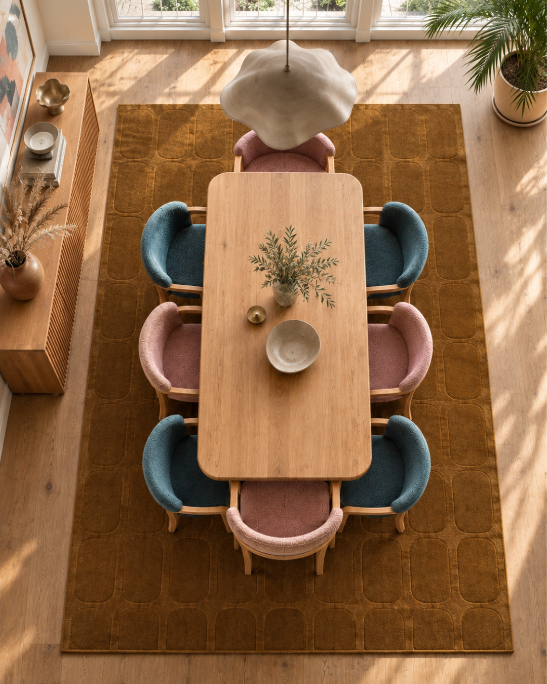 Momeni Rugs Contour CON-2 Mustard Dining Room Overhead Shot — Mustard geometric area rug beneath a wood dining table and colorful chairs.