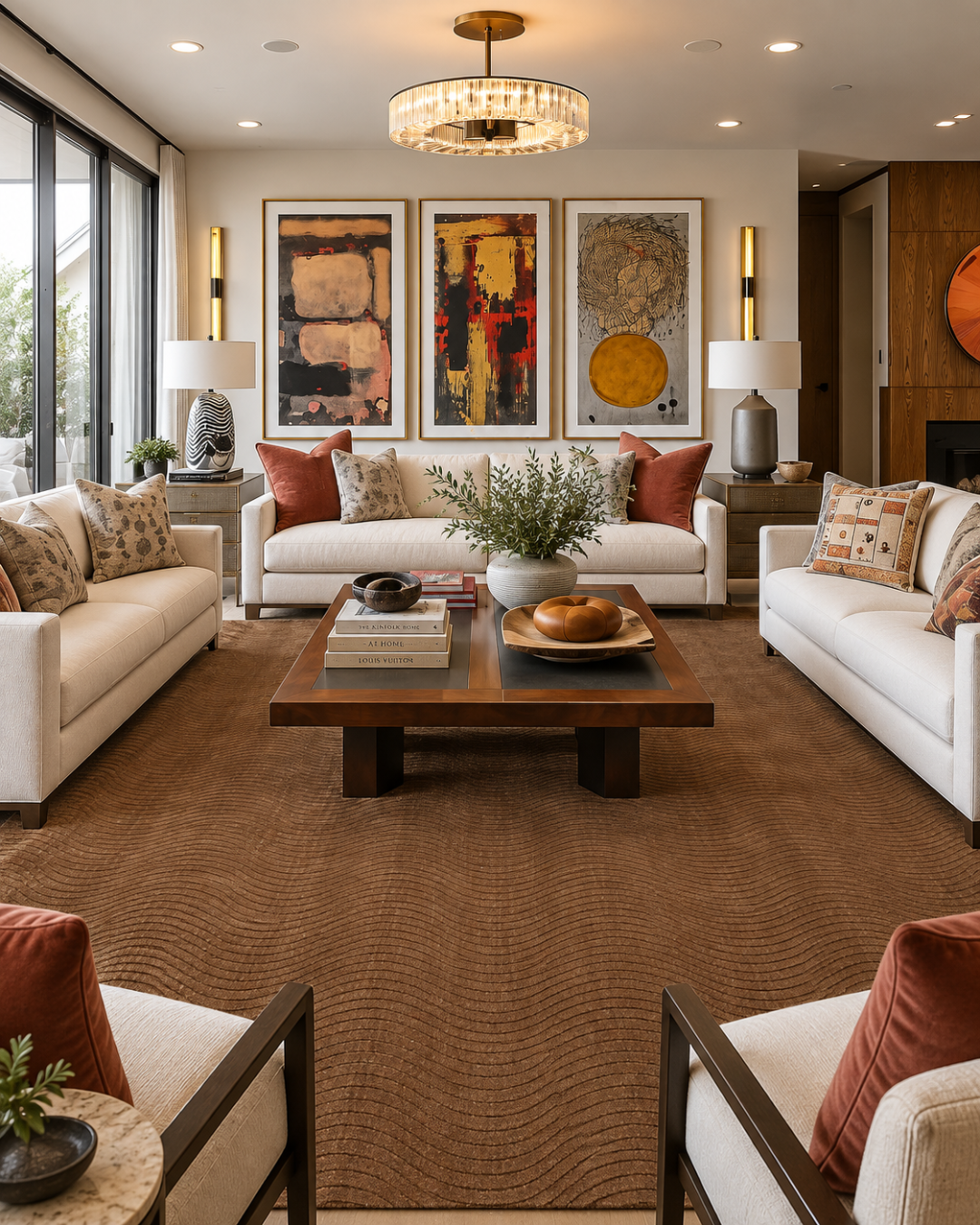 Momeni Contour CON-3 Mocha Living Room — Mocha textured wave-pattern rug in a contemporary living room.