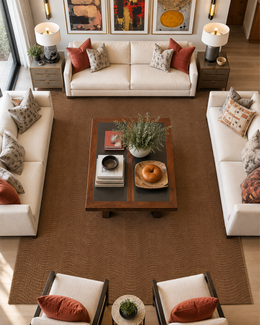 Momeni Contour CON-3 Mocha Living Room Overhead Shot — Mocha wave-pattern textured area rug in a modern living room.