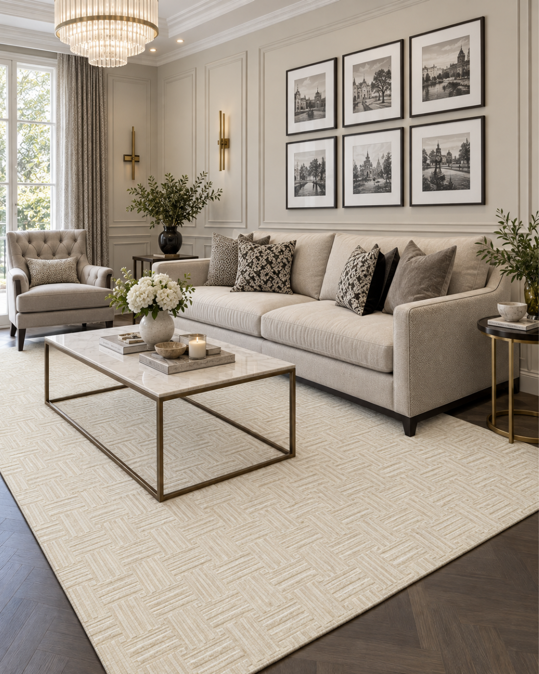Momeni Rugs Contour CON-5 Ivory Living Room Shot — Ivory geometric textured area rug in a sophisticated modern living room.