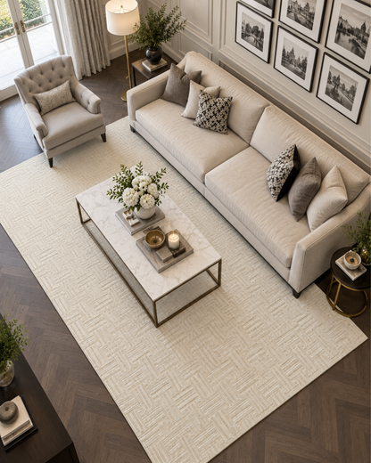 Momeni Rugs Contour CON-5 Ivory Living Room Overhead Shot — Ivory textured geometric area rug in an elegant neutral living room.