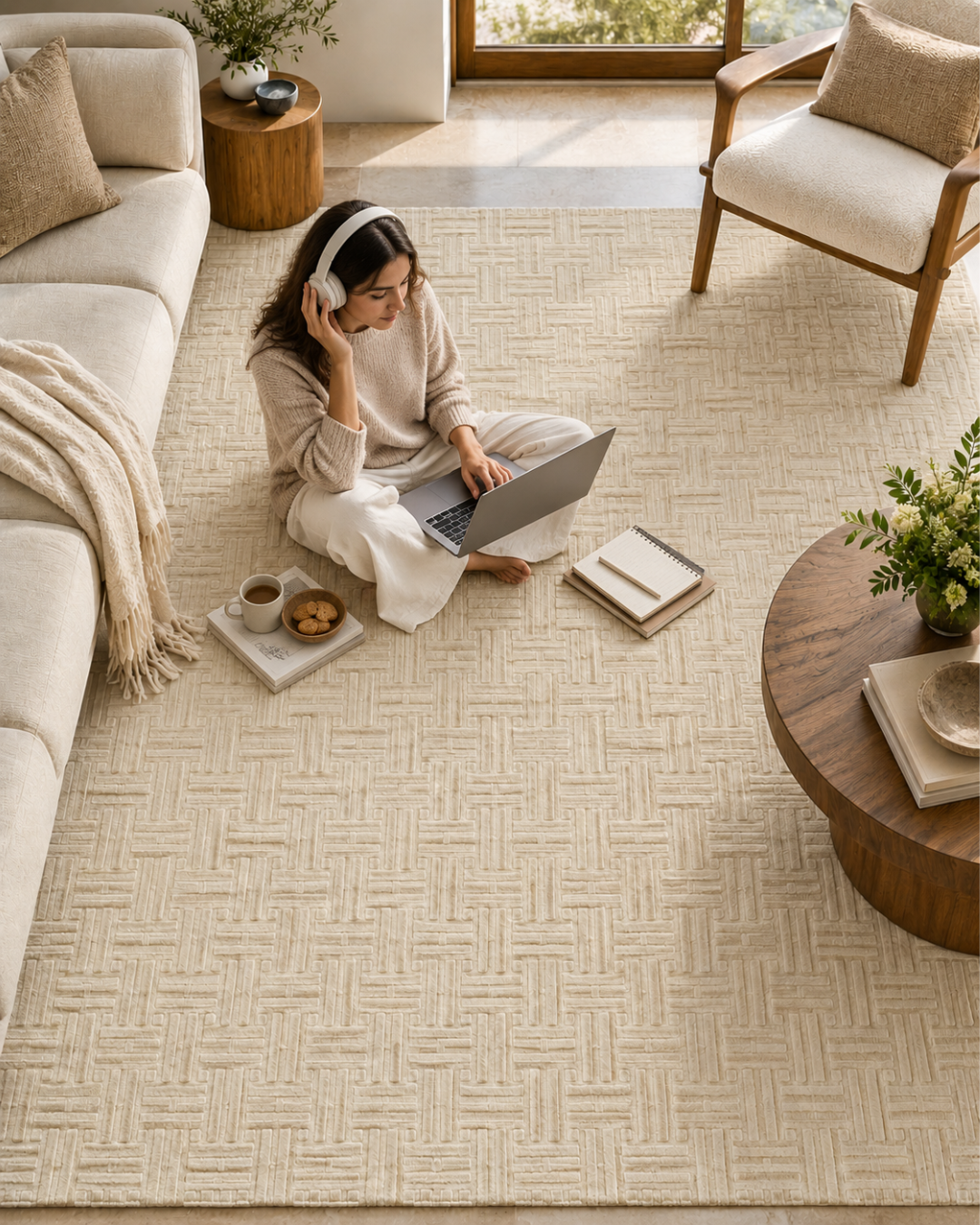 Momeni Rugs Contour CON-5 Ivory Style Shot — Ivory textured geometric area rug with a woman working on a laptop.