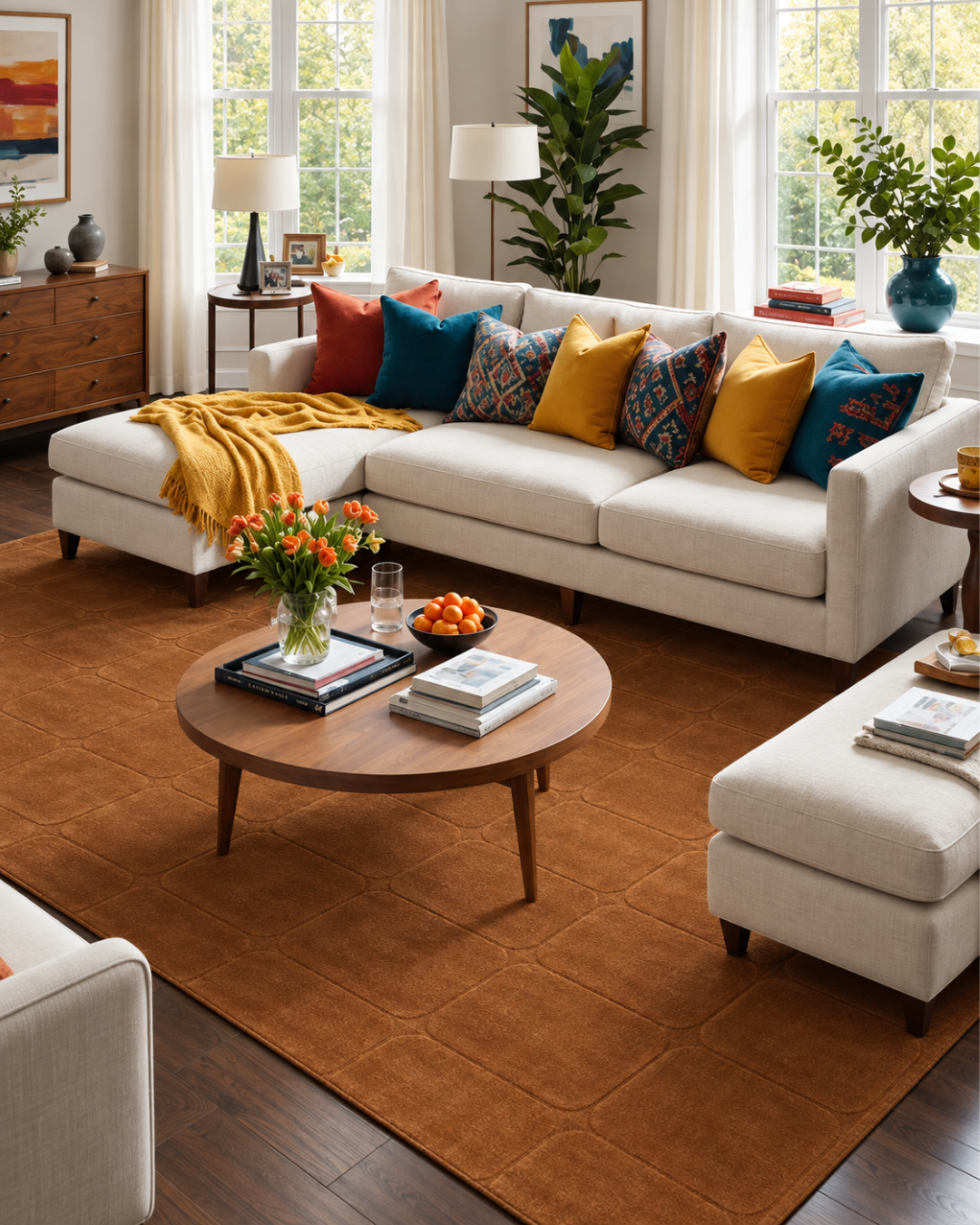 Momeni Contour CON-6 Copper Living Room — Copper geometric area rug in a bright contemporary living room.