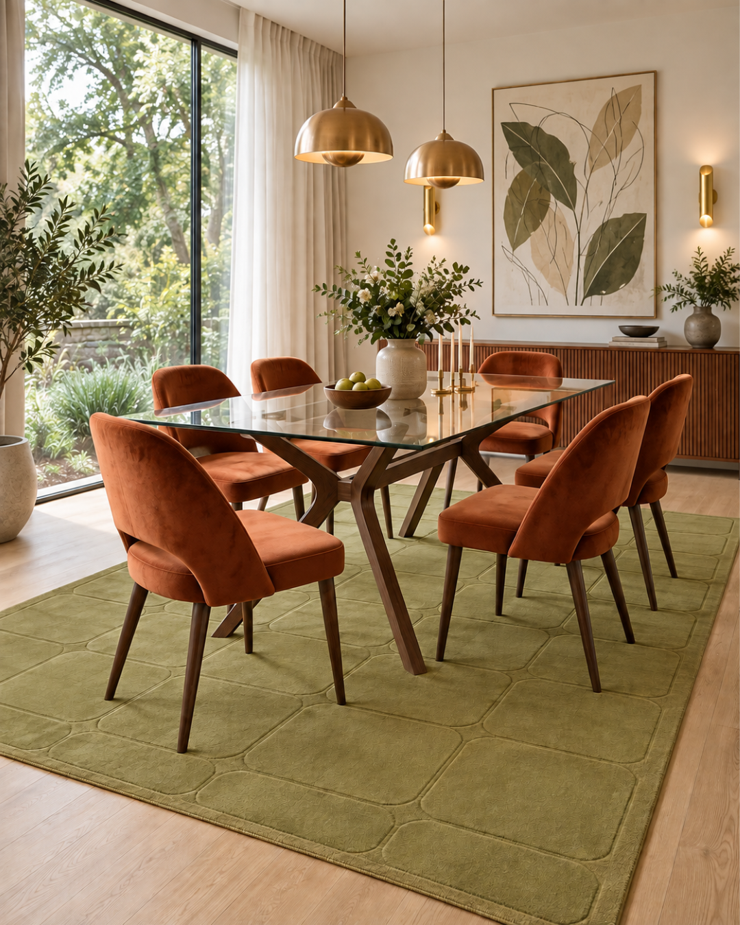 Momeni Contour CON-6 Green Dining Room — Green geometric area rug in a stylish contemporary dining room.