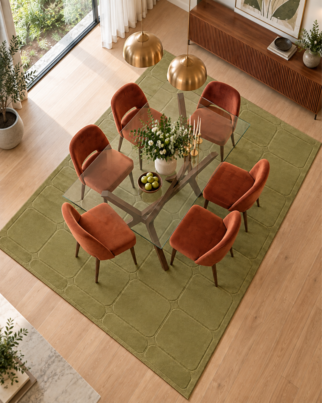 Momeni Contour CON-6 Green Dining Room Overhead Shot — Green geometric textured area rug beneath a modern dining table.