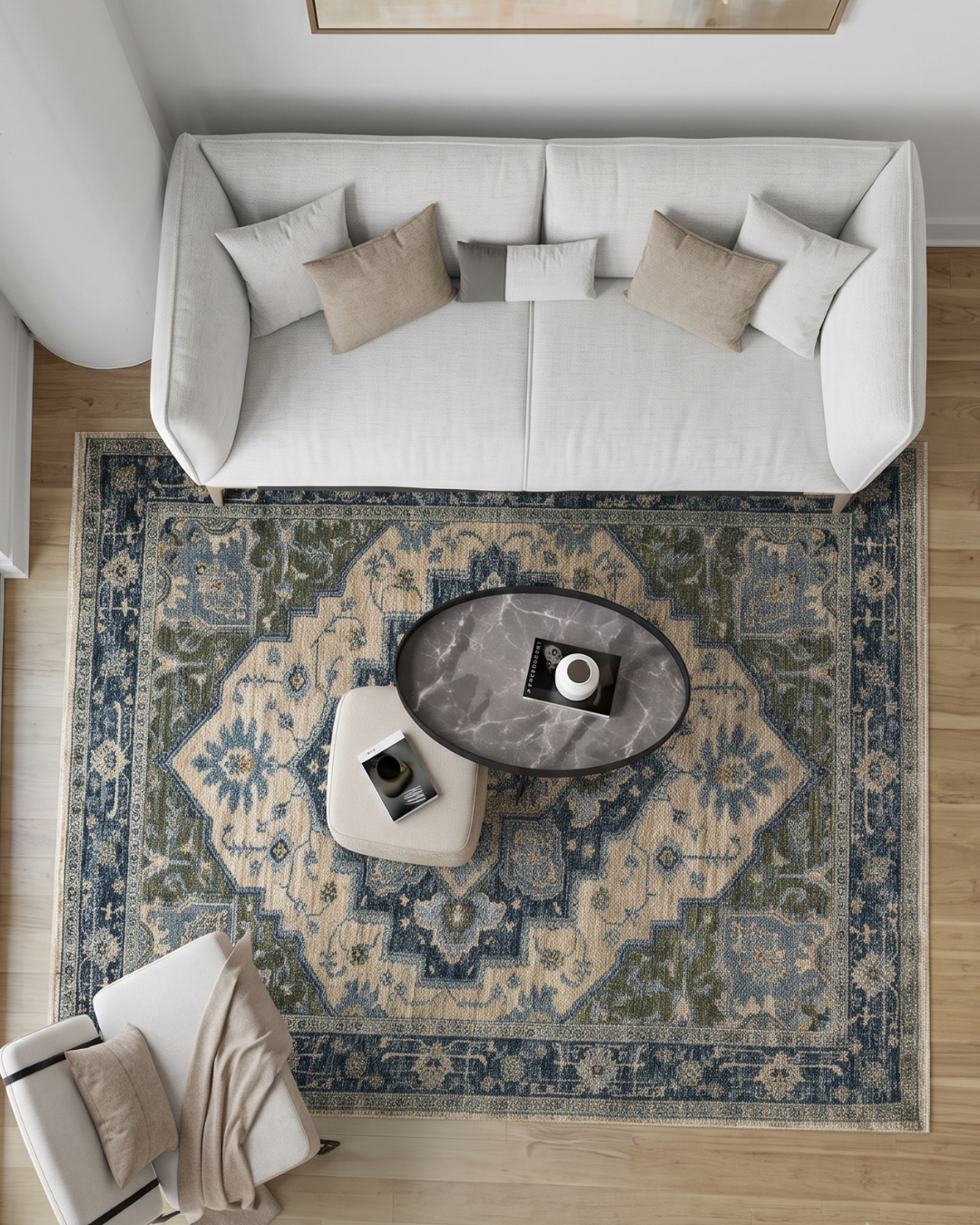 Oriental Weavers Aberdeen 051G1 Blue Beige rug overhead living room view