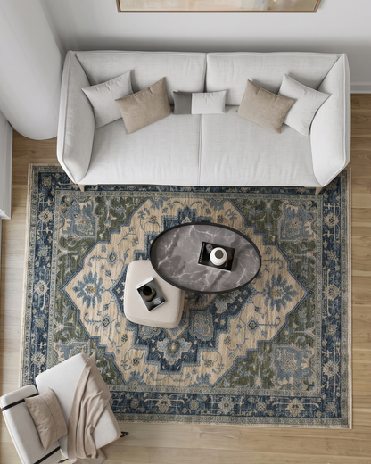 Oriental Weavers Aberdeen 051G1 Blue Beige rug overhead living room view