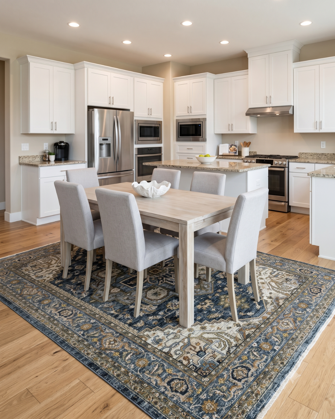 Oriental Weavers Aberdeen 1144Q Blue Taupe traditional rug in modern dining room