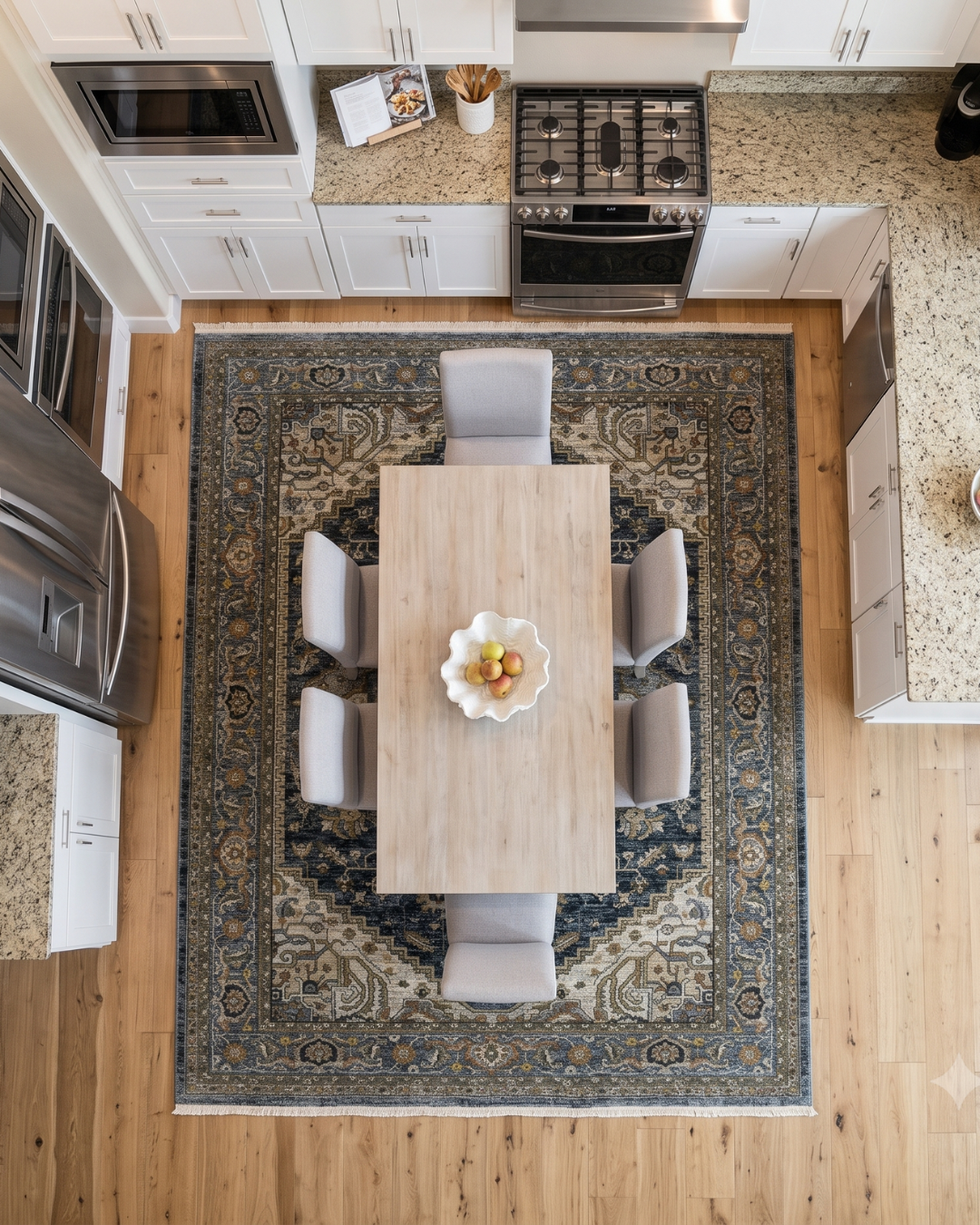 Oriental Weavers Aberdeen 1144Q Blue Taupe traditional rug dining room overhead view