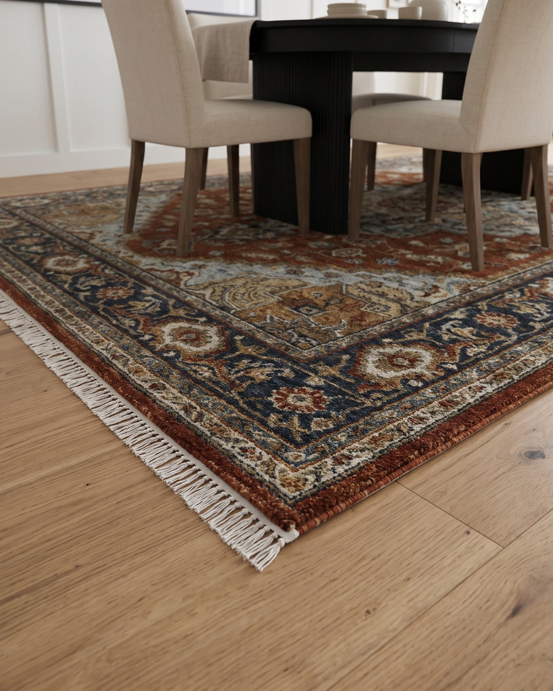 Oriental Weavers Aberdeen 1144R Red Taupe traditional rug corner detail with fringe