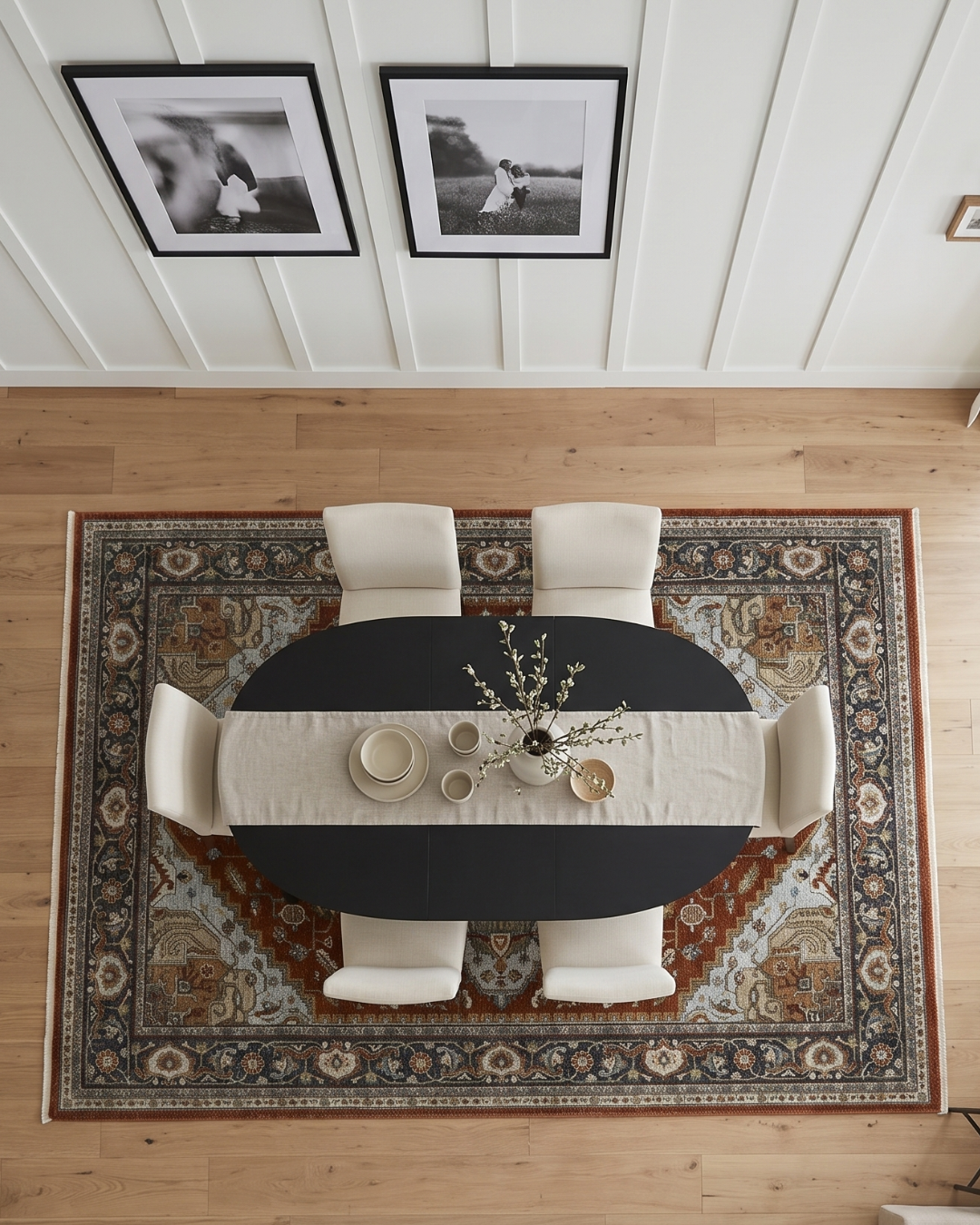 Oriental Weavers Aberdeen 1144R Red Taupe traditional rug under modern dining table