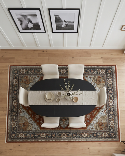 Oriental Weavers Aberdeen 1144R Red Taupe traditional rug under modern dining table