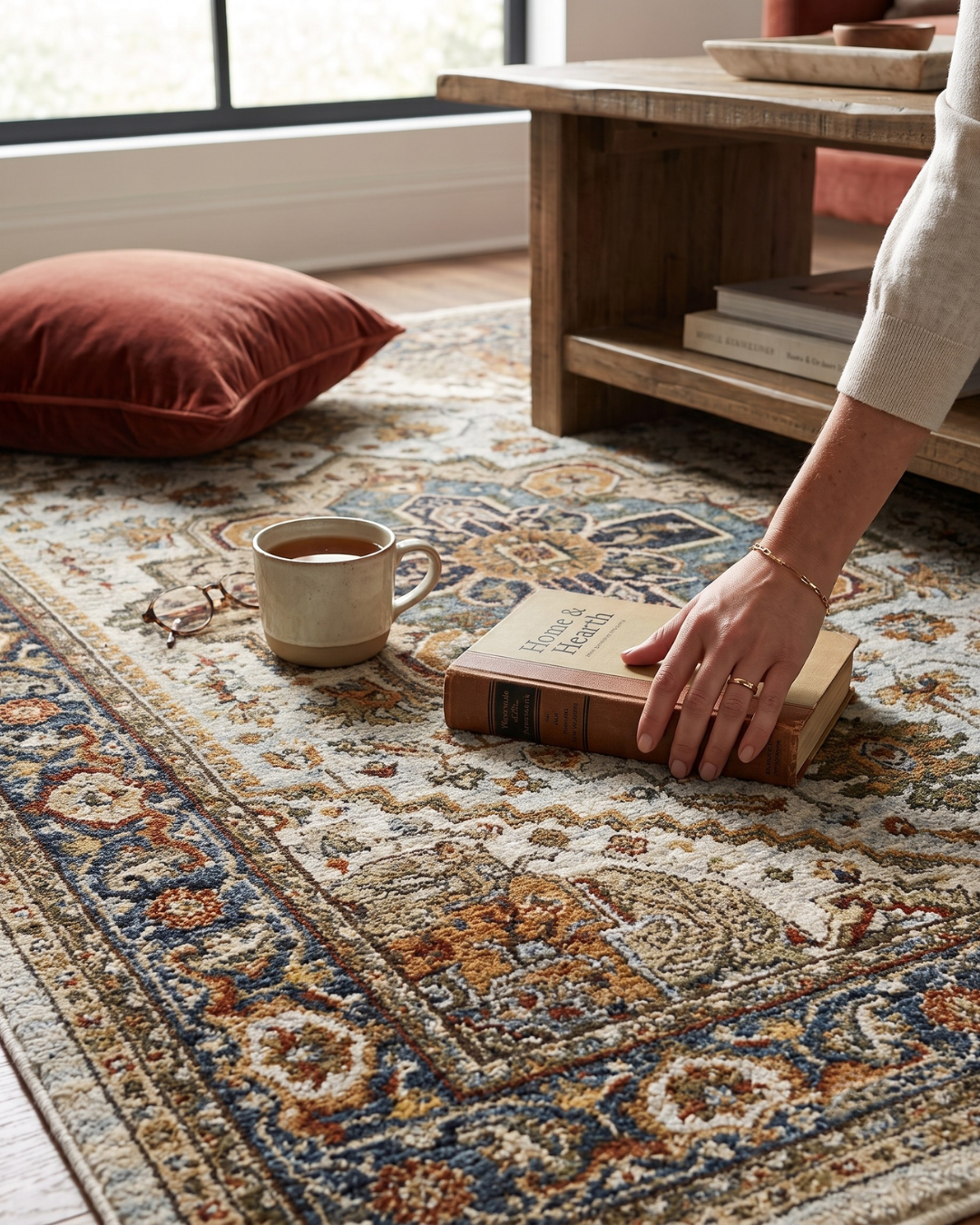 Oriental Weavers Aberdeen 1144W Beige Blue traditional rug styled with coffee and book
