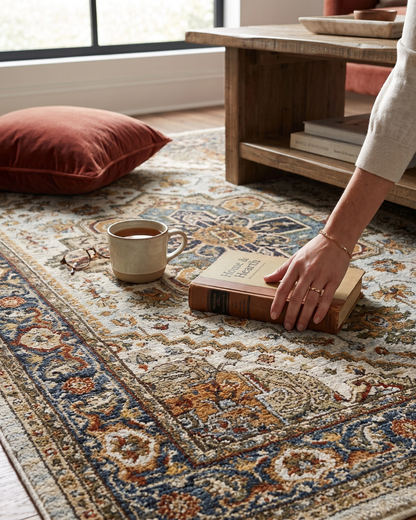 Oriental Weavers Aberdeen 1144W Beige Blue traditional rug styled with coffee and book