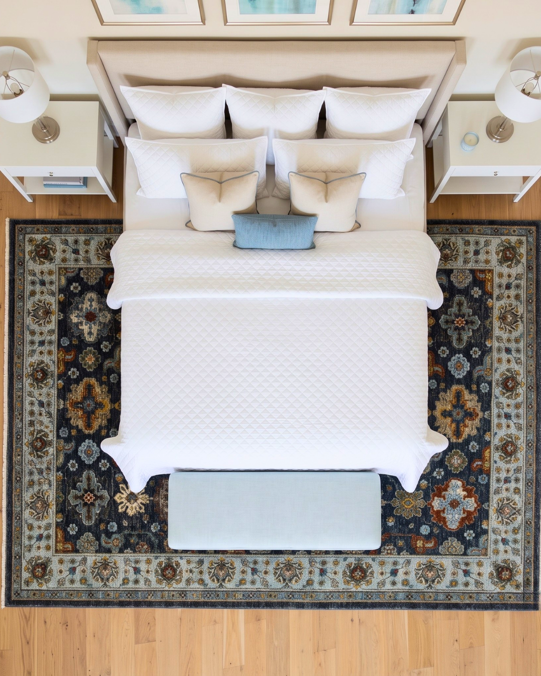 Oriental Weavers Aberdeen 561B1 Blue Multi rug in bright modern bedroom overhead view