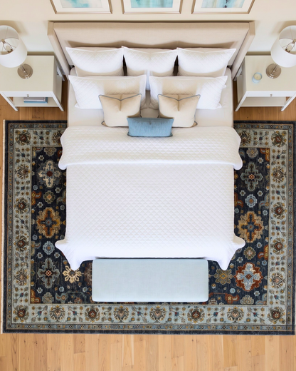 Oriental Weavers Aberdeen 561B1 Blue Multi rug in bright modern bedroom overhead view