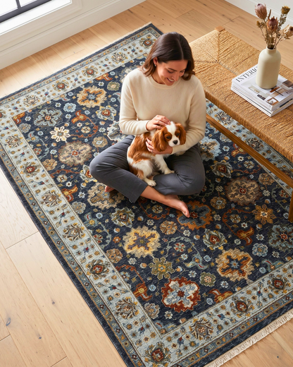 Oriental Weavers Aberdeen 561B1 Blue Multi traditional rug with woman and dog
