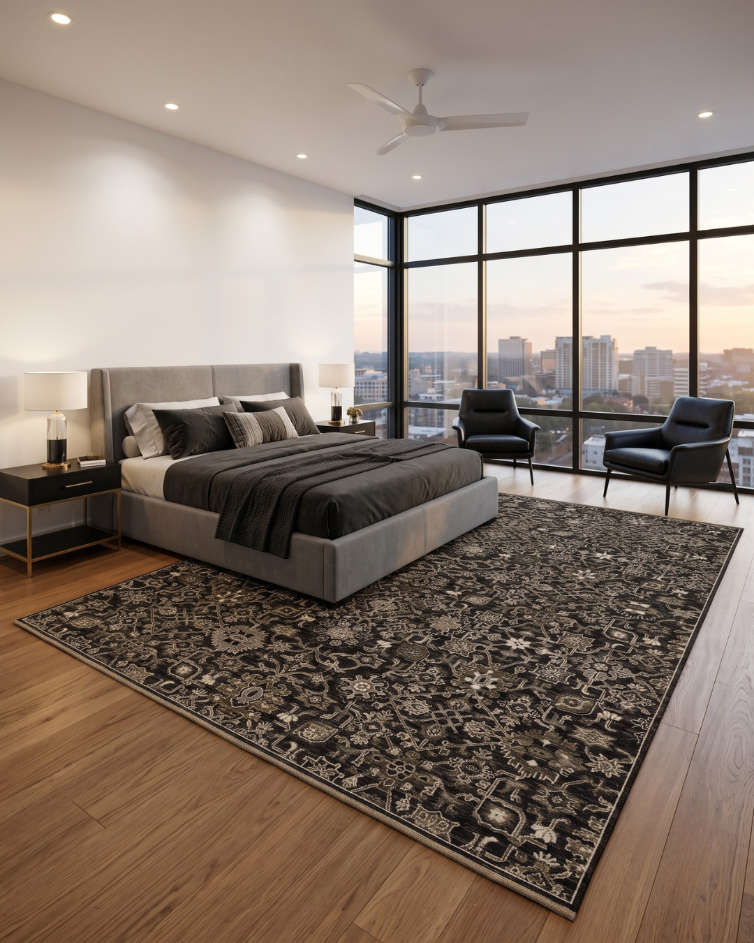 Oriental Weavers Acacia ACA05 Black Tan traditional rug in modern bedroom