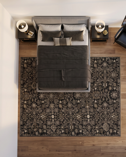 Oriental Weavers Acacia ACA05 Black Tan overhead bedroom rug view