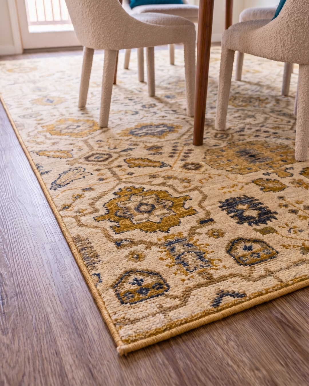 Oriental Weavers Acacia ACA11 Beige Tan traditional rug corner detail on hardwood floor