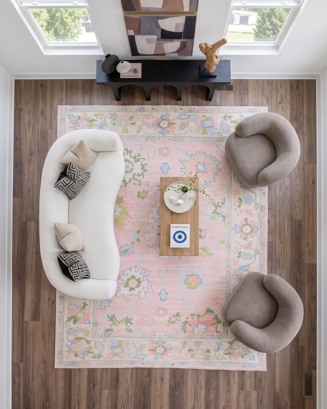 Oriental Weavers Addison ADD04 Pink Green rug overhead living room view