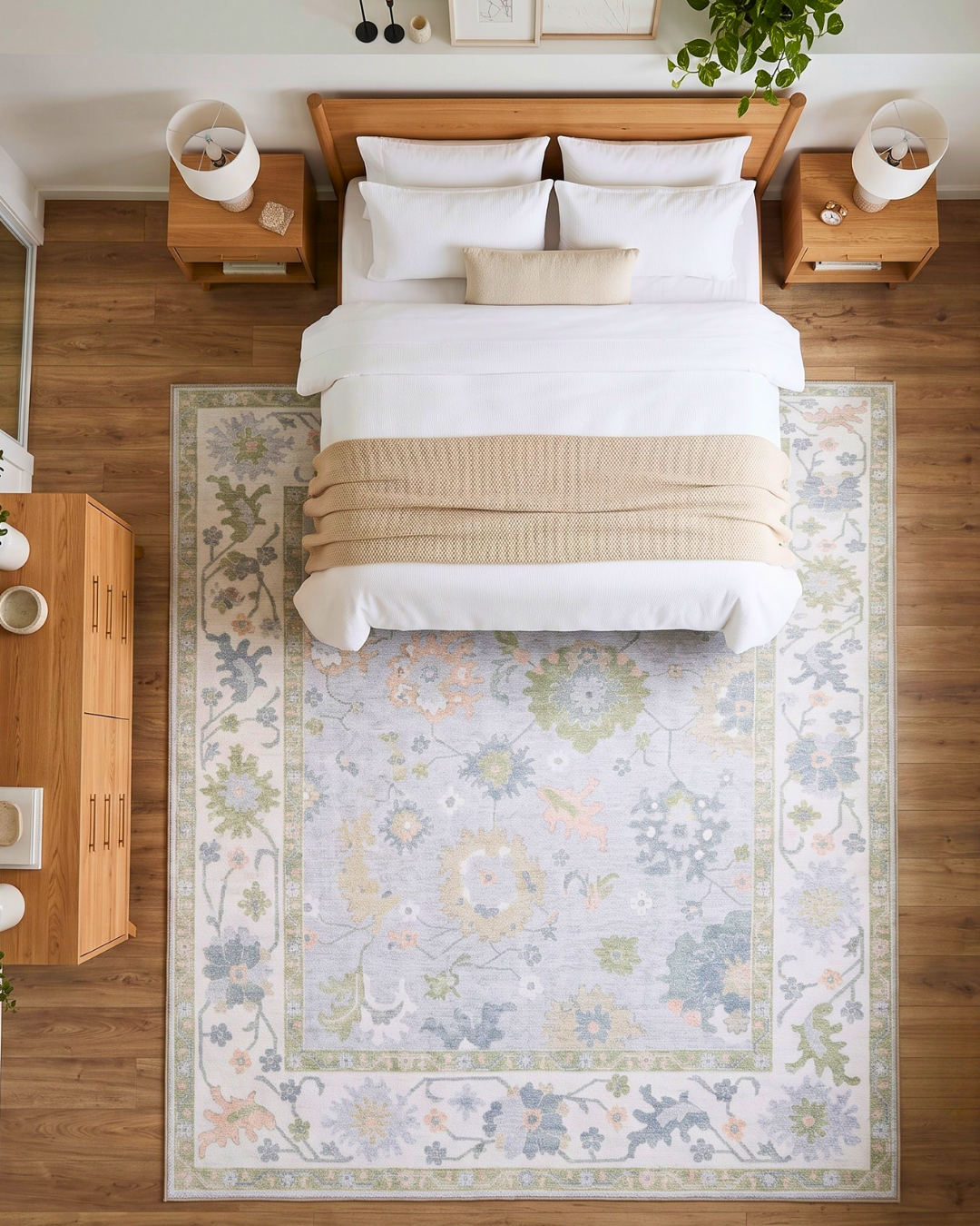 Oriental Weavers Addison ADD06 Blue Green rug in bright bedroom overhead view