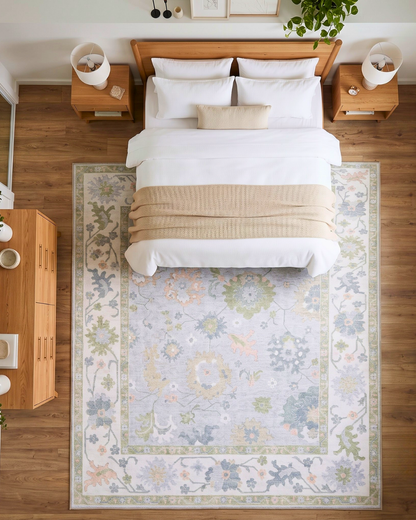 Oriental Weavers Addison ADD06 Blue Green rug in bright bedroom overhead view