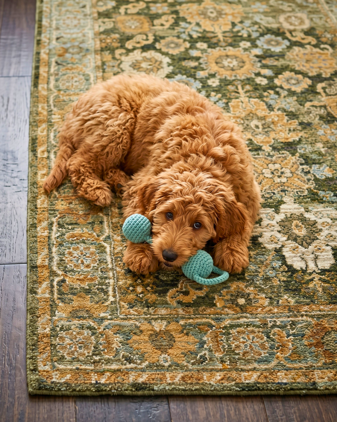 Oriental Weavers Andorra 2417B Green Gold traditional rug with pet-friendly floral design and soft texture.