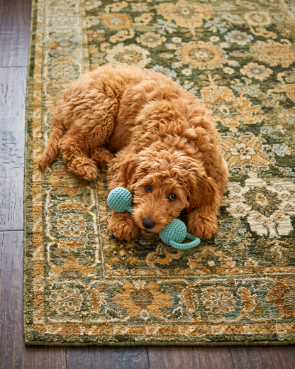 Oriental Weavers Andorra 2417B Green Gold traditional rug with pet-friendly floral design and soft texture.