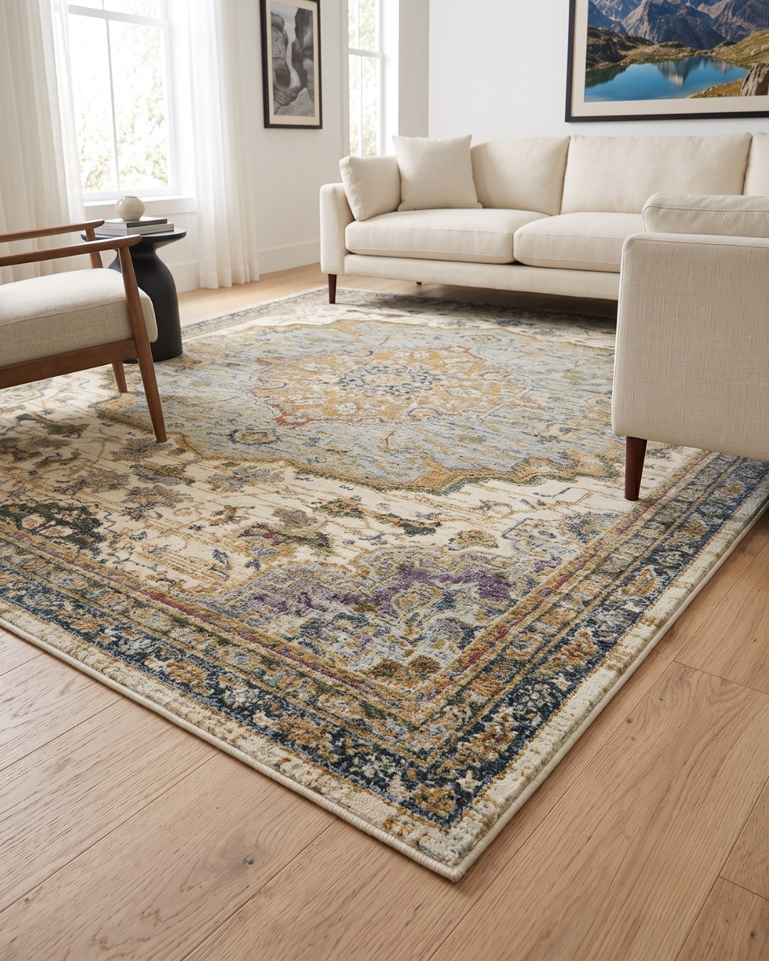 Oriental Weavers Andorra 2451B Ivory Blue traditional rug in bright living room