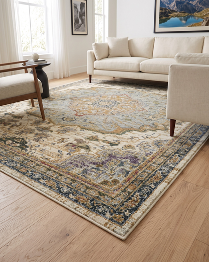 Oriental Weavers Andorra 2451B Ivory Blue traditional rug in bright living room