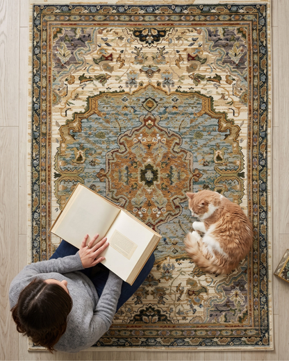 Oriental Weavers Andorra 2451B Ivory Blue traditional rug with pet-friendly design