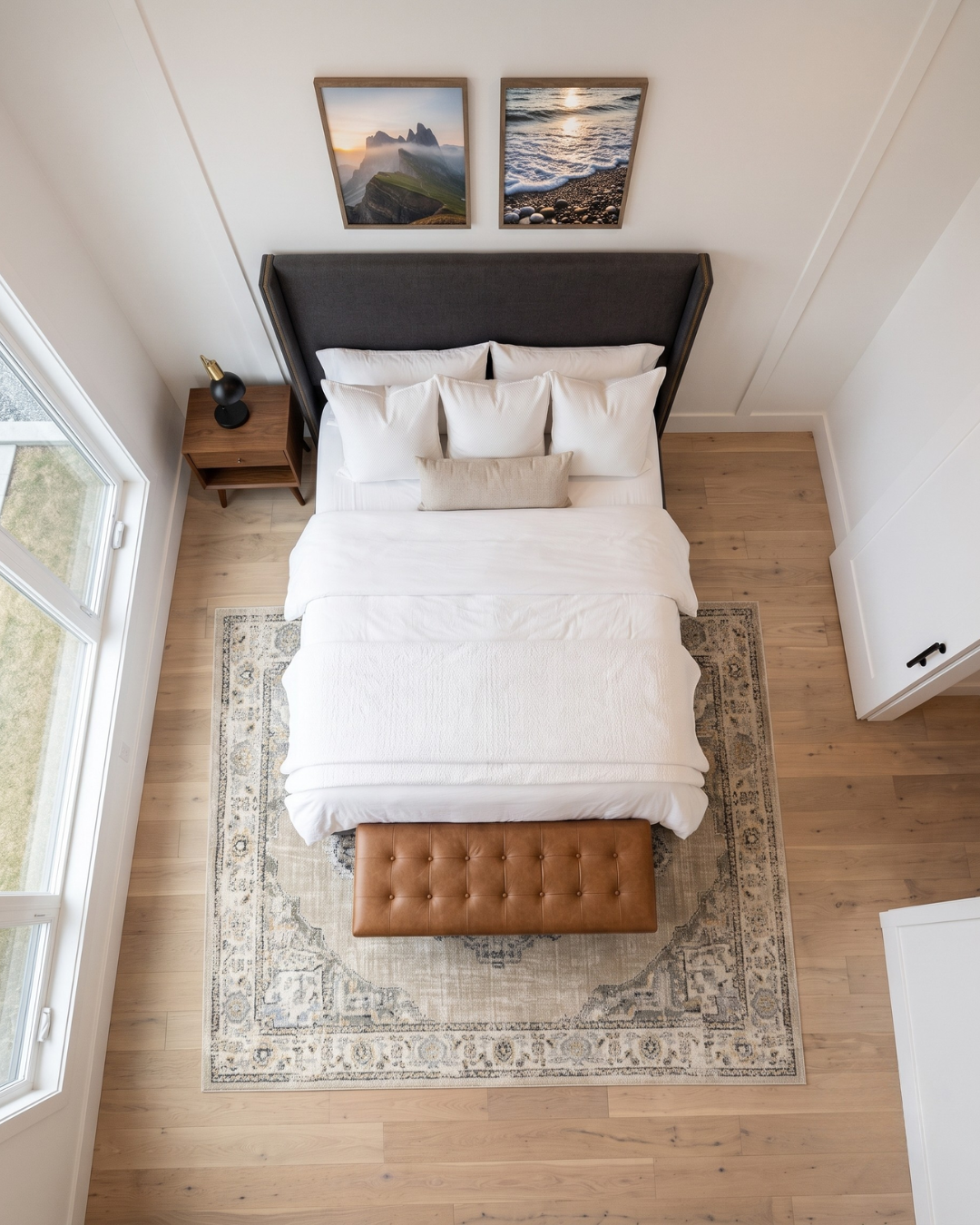 Oriental Weavers Andorra 303D0 Beige Ivory rug in modern bedroom overhead view