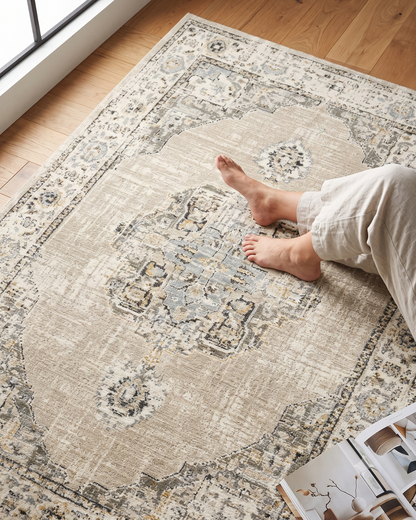 Oriental Weavers Andorra 303D0 Beige Ivory rug with neutral styling and barefoot lifestyle